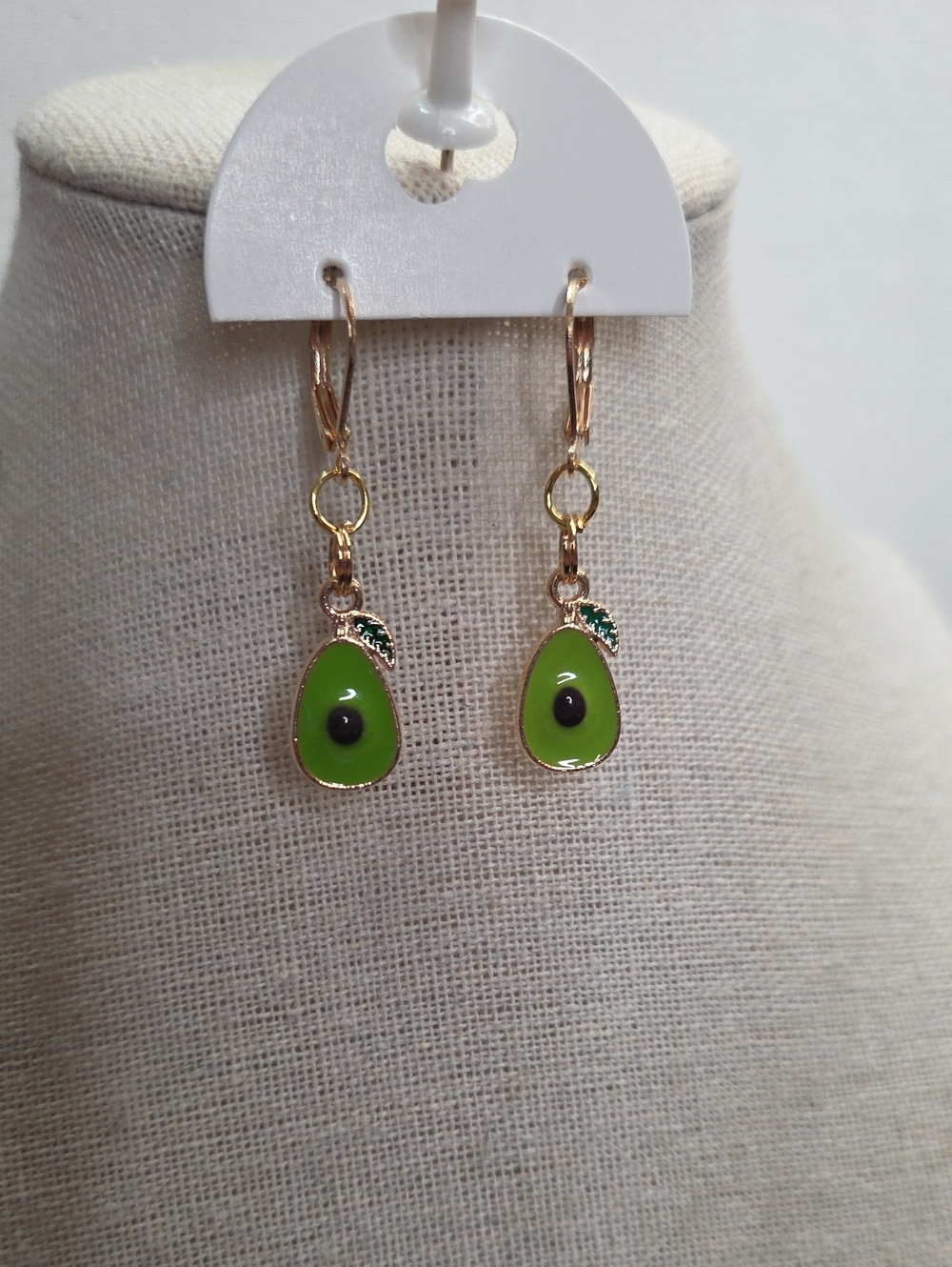Handcrafted Green Avocado Gold Tone Pierced Earrings Handmade Unique Lever Back